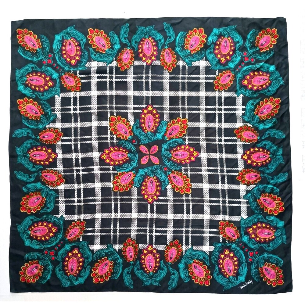 Diane Von Furstenberg Silk Scarf Blk w Bright Medallion Print Signed 42" Square